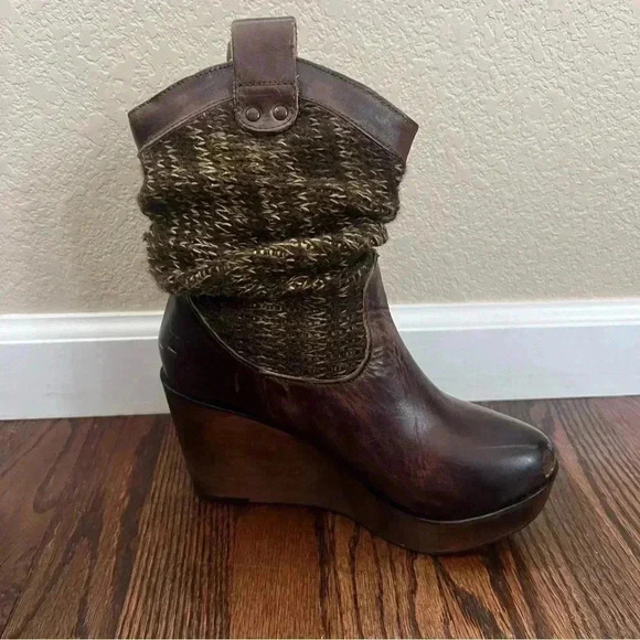 BED STU Bruges Teak Rustic Brown Leather Bootie Boots Slouch Wooden Wedge Sz 7.5 - Picture 15 of 16